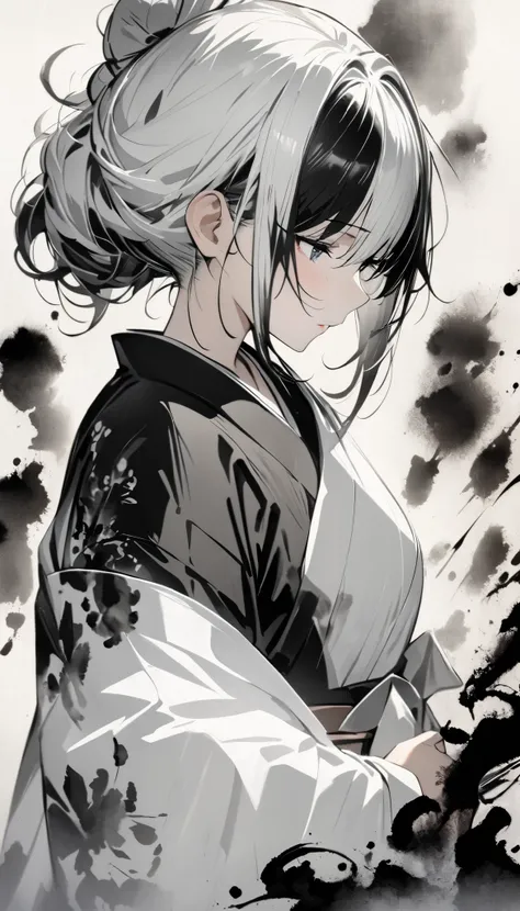 (masterpiece:1.2), ( top quality :1.2),  super high res,  very detailed,  girl, yukata, White Face, (Ink painting, Black and White:1.4)