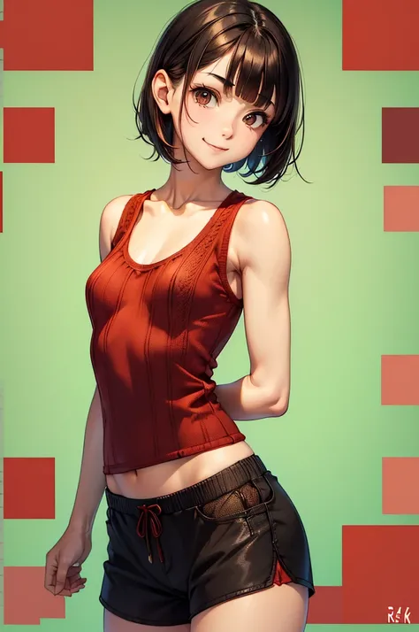 (((red knitted tank top:1.2))),(small brown shorts ),(( Natural Makeup)),( amazing face and best quality :1.4), ( super detailed ), ( very detailed CG 統合 8k 壁紙),  very detailed,  HIGH RESOLUTION RAW COLOR PHOTO ,  professional photoshoot,  Realistic Portra...