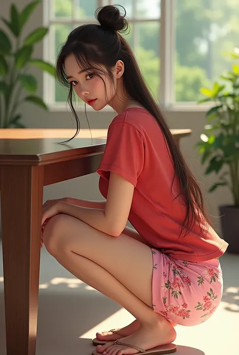  Beautiful 25 year old Asian woman with long hair straight brown tied up untel.wearing a tiny little flowery red t-shirt ,pink color shorts flowers ,Busty flops being squatted close to banging her head a large table inside the house