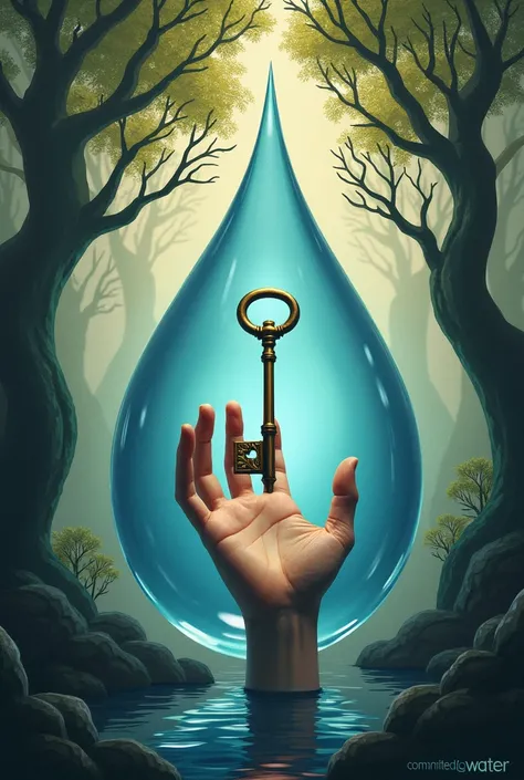 Technology background in the shape of a drop of water with one hand in the center holding a Spanish key on the ecological tree of life and under the phrase COMMITTED TO WATER