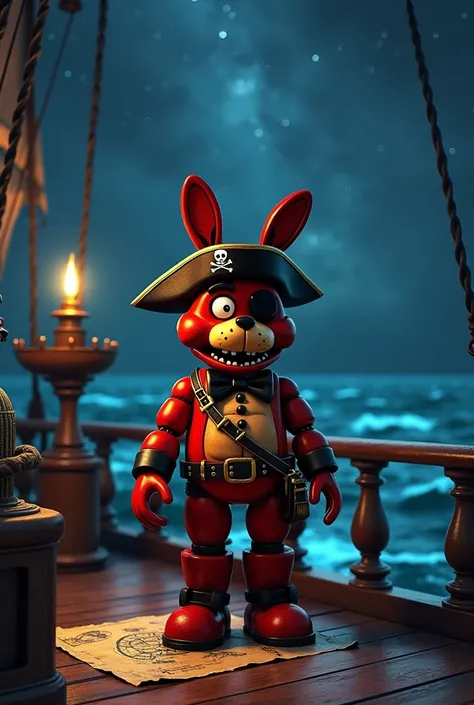 Foxy the Pirate from the FNAF video game saga is standing on the deck of a pirate ship, with a telescope in his hand ,  looking at the horizon.  The background includes a treasure map and the ocean under a starry sky. THE PHRASE " Pirate adventures with Fo...