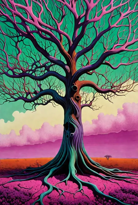 Create a surreal illustration of the Tree of Death, an entity that distorts everything around it in frightening ways, inspired by the psychedelic essence of Pink Floyd. This tree should have gnarled branches that seem to twist and ripple as if bending ligh...