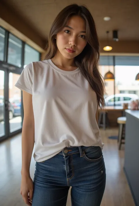 Fisheye Lens, at the coffee shop ,Big Ass, Japanese Women,Shes 35 years old , shes standing facing me。 firm waist 。Pear Shape。I have long hair。 High Resolution , masterpiece,  best quality,  anatomically correct,  big breasts in a t-shirt ,Wear tight JEANS...