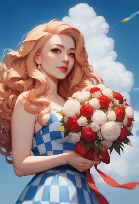 Hyperreal，Soft Light，Light and shadow contrast，Portrait Photos， Portrait Realistic Photography，A sense of haze， atmosphere under the stars，masterpiece， asian beauty， a woman in a blue checkered dress ， have long flowing hair。 a large bouquet of red love sh...