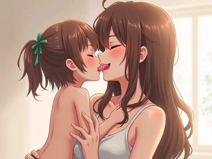 mother making out with small daughter, lesbian,  anime, underwear, tongue kissing, licking inside of mouth,         hand on chest, lips intertwined with each other,