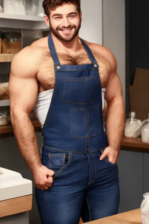 A shirtless baker, caucasian male, smiling as he works, short brown hair, blue eyes, big upper body, narrow waist, barechested, standing behind counter, facing storefront, strong arms, big round pecs, hairy chest!, (chest hair:1.0), virile, stud, attractiv...