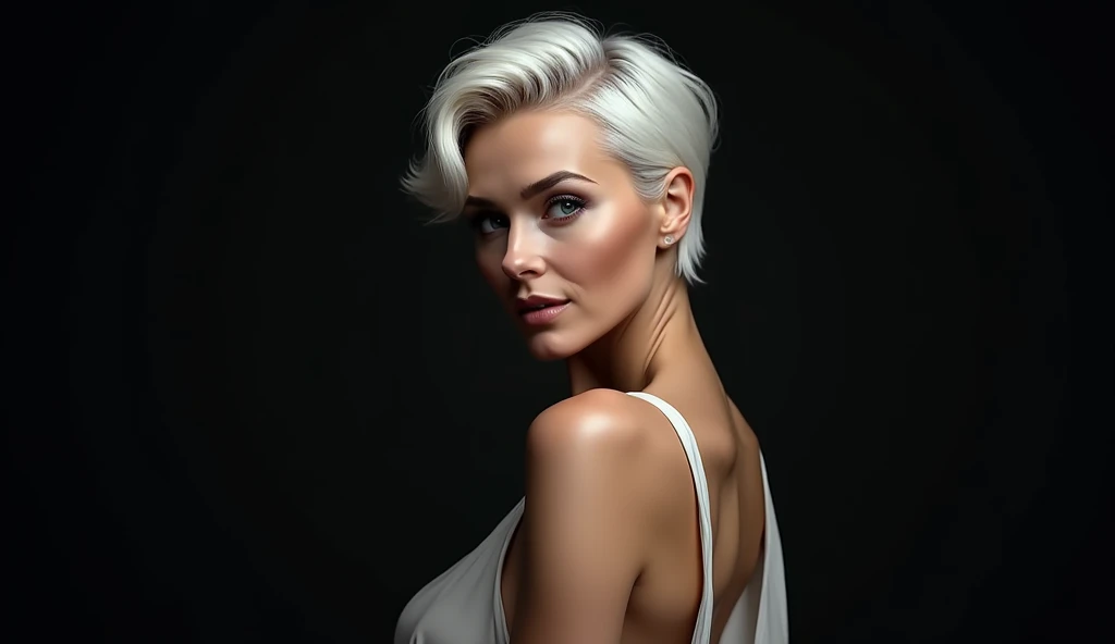  (photorealist)2.1,  a beautiful 50-year-old Dutch woman with short white hair and elegant dresses. She looks sexy . the image background is black.