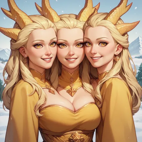 anime, (masterpiece, best quality), best resolution, three heads, (conjoined), 1girl, blond hair, blonde eyes, yellow dragon girl costume, simple yellow dress, smiling, sexy eyed, different facial expressions, snowy mountain