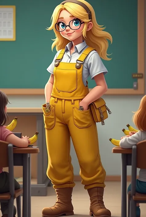 
She is a teacher with a crazy smile and is about 1.60 meters tall. She has blonde hair, blue eyes and wears glasses. Her skin is light and she wears yellow overalls over a shirt and pants, with boots. She carries bananas in the pockets of her overalls and...