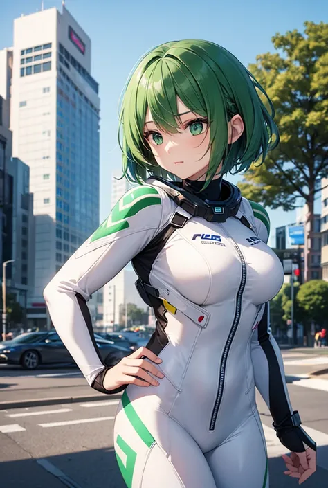 Women, very short hair ,  green hair, white battle suit