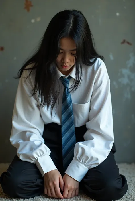 Live Action teen asian boy with Long Flowing Black hair, Wearing a Baggy, Long Sleeved White dress Shirt and Blue striped tie with the sleeves covering the palms and Baggy Black Dress Pants Kneeling over you, on top of you. POV