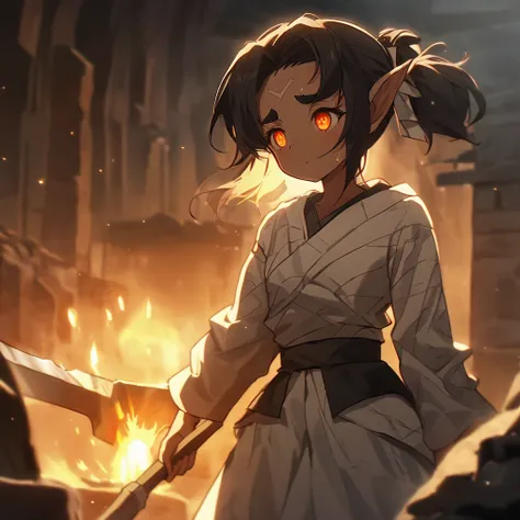 master piece,Japanese anime-style character design of a young female elf blacksmith with dark brown skin, sharp almond-shaped eyes, and thick eyebrows. She has black hair tied back with a white ribbon, wearing a loosely fitted black craftsmans outfit with ...