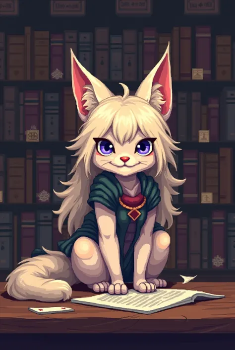 a cartoon of a cat sitting on a table with a bookcase in the background, pixel art by Pamphilus, tumblr, furry art, as a d & d monster, from cryptid academia, this is a monster, d & d monster, d&d monster, monstergirl, monsters, monster, anime monster girl...