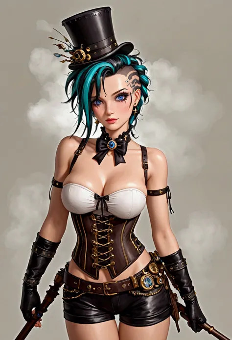 A cute woman (cute, age 25, sexy steam punk warrior, top hat, corset barely containing breasts, tight shorts, lots of clockwork and steam driven items) battling alien rape slimes in Downton Steampunk Bangkok, alien invasion, citizens in peril, damsels in d...