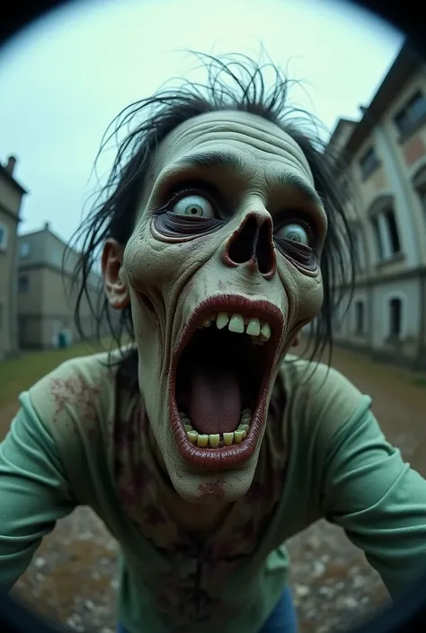 a fisheye lens selfie photo taken by a zombie