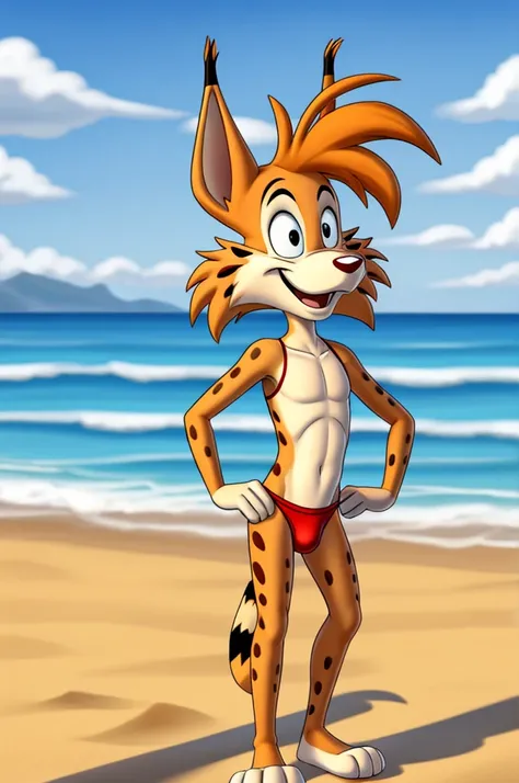 Lynx cartoon guy full length slim skinny in red speedo on the beach with a happy face striped tail