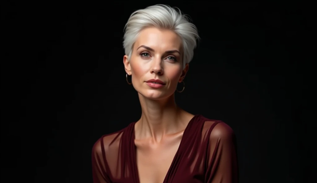  (photorealist)2.1, a beautiful 50-year-old Dutch woman with short white hair and elegant dresses. She looks sexy . the image background is black.