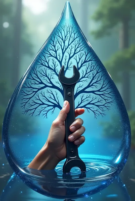 Technology background in the shape of a drop of water with one hand in the center holding a mechanics wrench on the ecological tree of life and under the phrase COMMITTED TO WATER