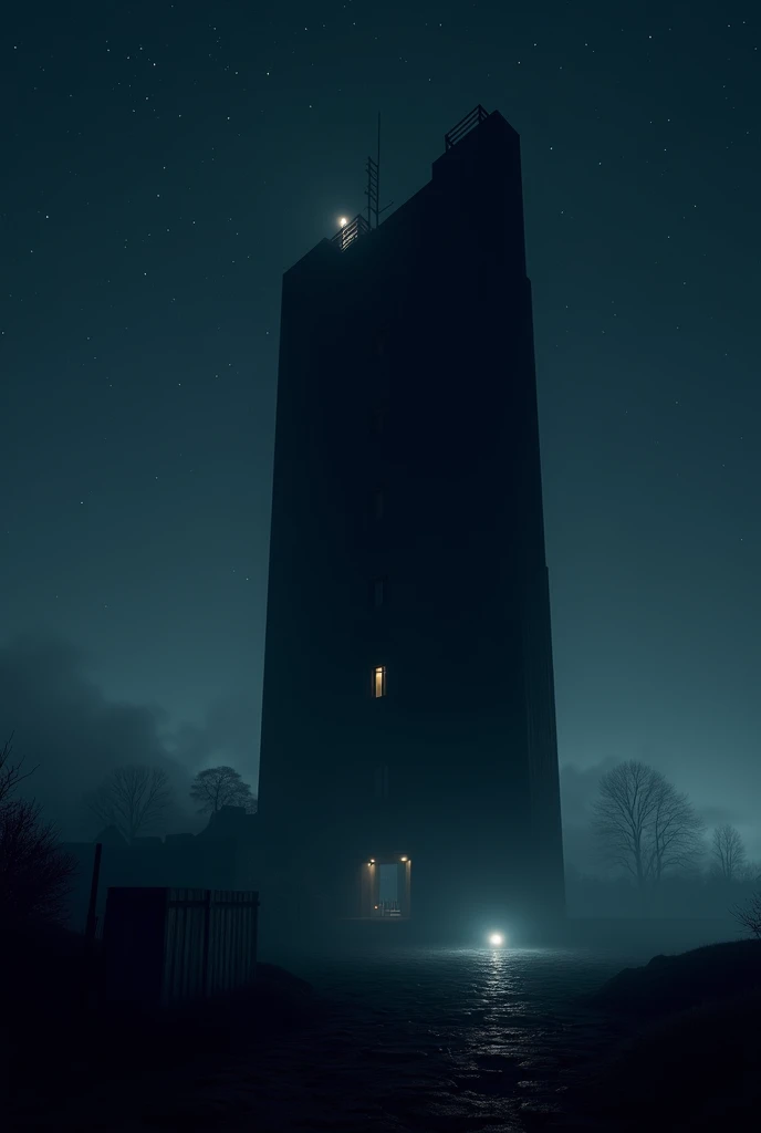 night scene showing the complete black building through the whole just some minor light turn on, on the building