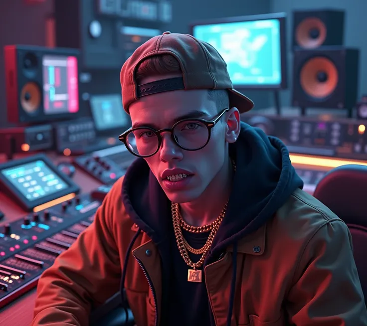 Create an image of a white rapper with a cap on his back, Grillz on the tooth ,  glasses and gold chain ,  in the background of the image a futuristic music studio 