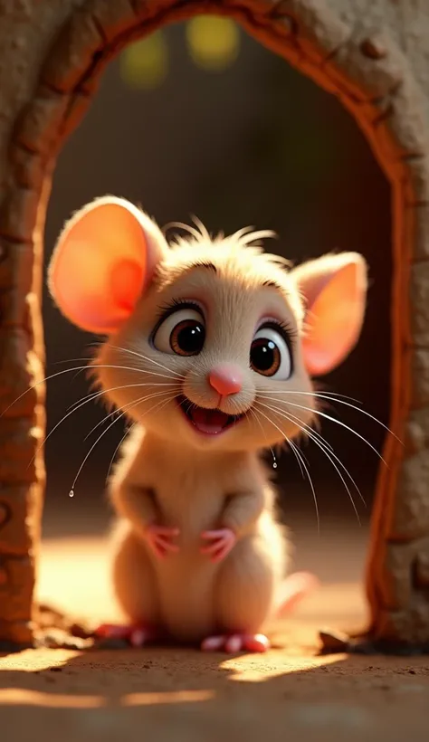 a baby mouse looking through the hole in the inner wall of a house and crying with tears overflowing, in a vibrant 3D animation style