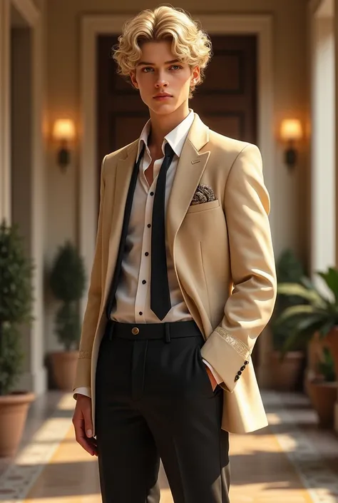 A 16-year-old boy with light curly hair wears a beige suit and the pants are black

