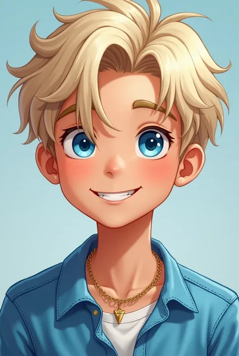 16-year-old white-blond blue-eyed boy with blue blouse and gold chain smiling 