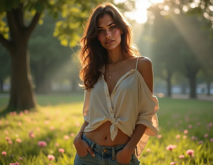 1 woman, 25 years, Brazilian, beautiful, delicate face, linda,  with natural features , ([in an outdoor park),  green scenery with trees and flowers in the background ,  natural lighting and soft ,  realistic skin texture , professional and stylish photogr...