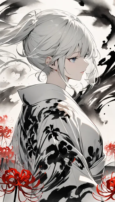 (masterpiece:1.2), ( top quality :1.2),  super high res,  very detailed,  girl, yukata, White Face, (Ink painting, Black and White:1.4), I have a spider lily