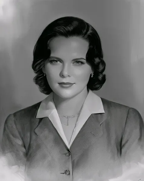 black and white painting, grayscale of a woman in a suit and necklace, 1 9 4 0s, color studio portrait, freshly painted painting, no imperfections