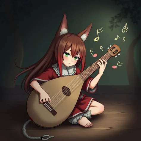 Miqote, playing a lute, sitting, green eyes, brown hair with red highlights, music notes coming from the lute.
