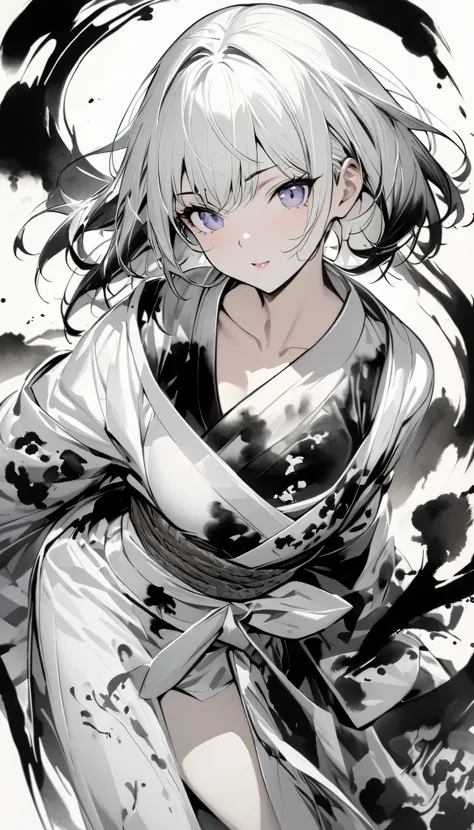 (masterpiece:1.2), ( top quality :1.2),  super high res,  very detailed,  girl, yukata, White Face, (Ink painting, Black and White:1.4)