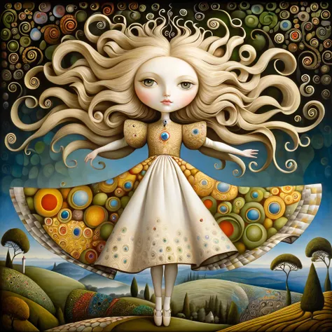 Patchwork por Klimt, nicoletta ceccoli, Naoto Hattori, Lawrence Didier, Leonora Carrington as European Woman, roasted fine, ash blonde hair, light dress.  is on top of a gentle hill from where you can see the sea and the forests of trees of many colors,  s...