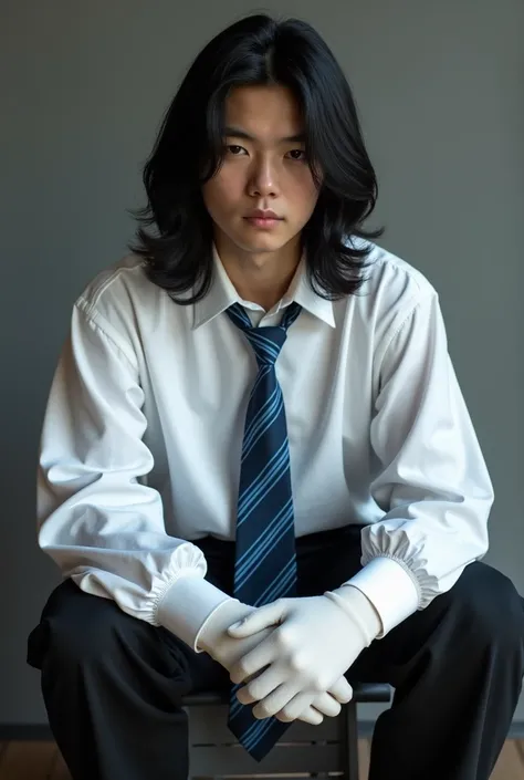 Live Action teen asian boy with Long Flowing Black hair, Wearing a Baggy, Long Sleeved White dress Shirt and Blue striped tie with the sleeves covering the palms, Long White Cotton Dress Gloves and Baggy Black Dress Pants On his Lap POV