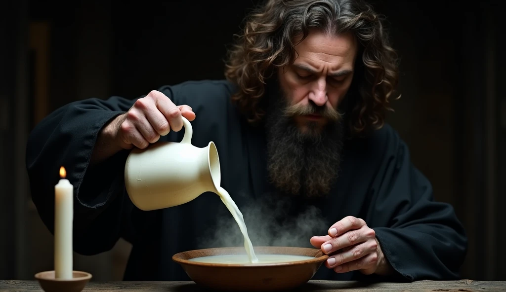 The image shows a man with a long beard and curly hair, wearing a dark robe, pouring a liquid from a jug into a bowl. The man appears to be in a dark room, with a candle visible in the background. He is holding the jug with both hands and his eyes are clos...