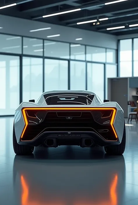 "A modern ,  futuristic conceptual car captured from the rear view ,  showing a bold and modern rear design .  the car features s that extend along the tailgate,  bright yellow accent lights along the lower edges , and high-tech ,  aerodynamic cargo bed wi...