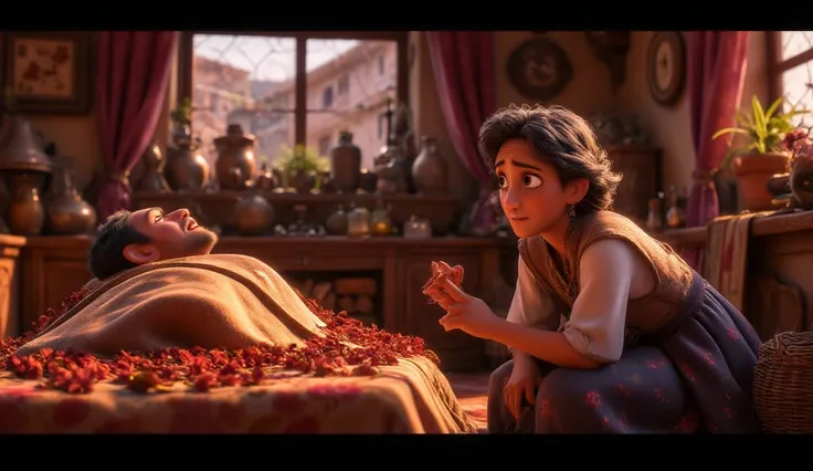 disney pixar style, 3d, excited, cartum (high quality 4K,  masterpiece ) — Noemi ,  about 40 years old ,  with light brown hair and an expression marked by pain,  is kneeling next to Elimelechs body ,  who is lying on a simple bed .  Elimelech is a man of ...