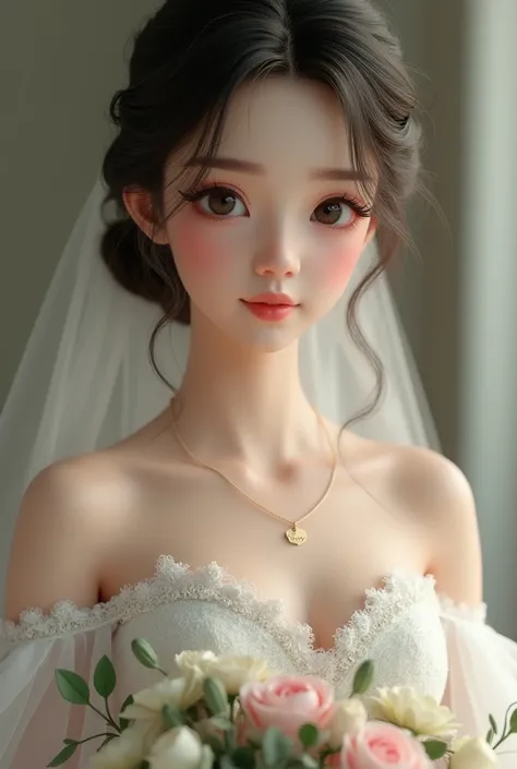 Create a 3D illusion real person aesthetic where a 20 years old bride wearing a wedding wedding dress she’s looking at the camera, and she’s holding a bouquet, standing to the aisle The features “BABY” at the necklace, she’s near at the camera only face at...