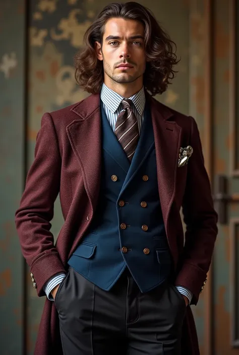 man, long curly brown wavy hair, angular jawline, blackwatch trousers, blue velvet double-breasted waistcoat, pinstripe shirt, maroon tweed jacket, balmoral boots