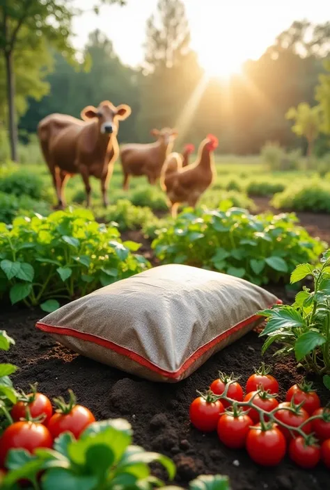 A vibrant image of a flourishing vegetable garden, with tomatoes, peppers, and leafy greens growing in raised beds. In the foreground, a neatly packed 1 kg cealr seal plastic bag of dry cow manure sits prominently. The background shows cows, chicken animal...