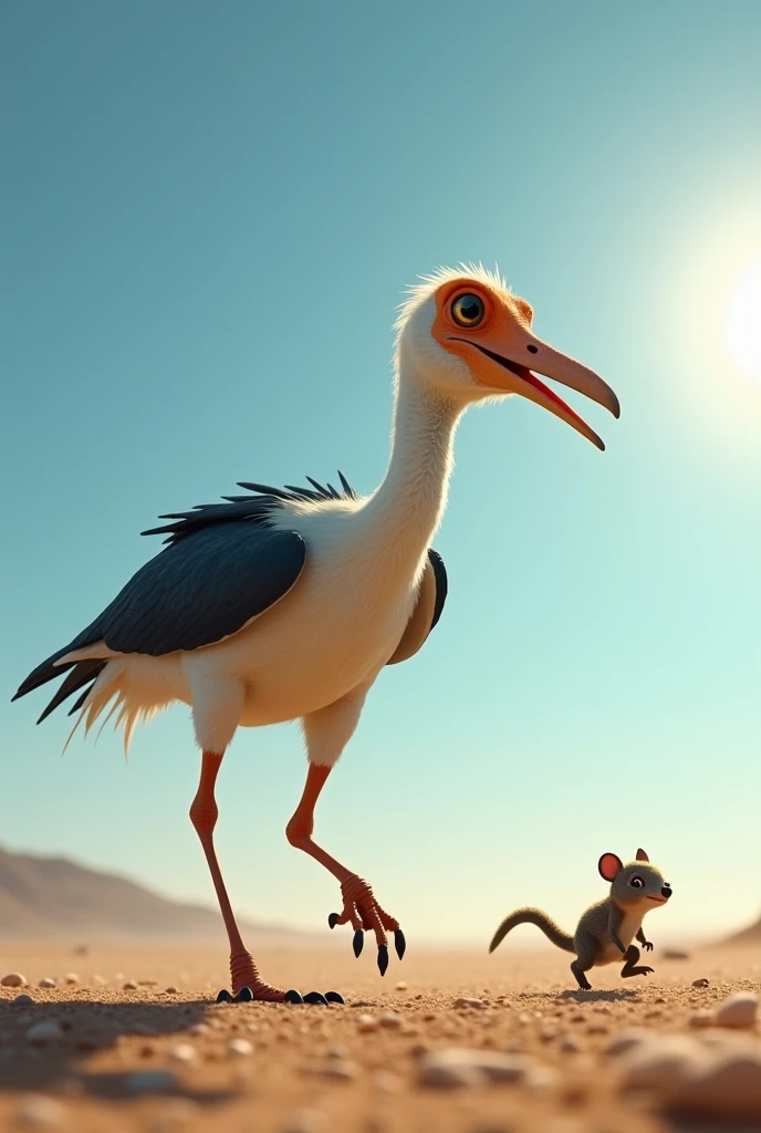 Large bird, orange eyes, long neck, short sharp beak, mouth open black-white small wings, muscular dinosaur legs, running in an open flat landscape, blue sky, sun shining, a small mammal running from the bird