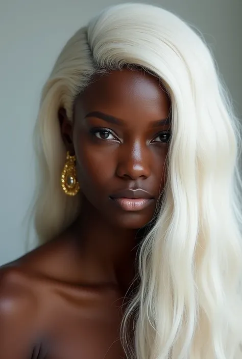 Woman, black skin, African, long white hair pushed to one side, gold looped earrings 