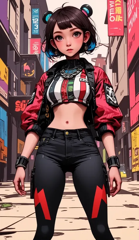 (((best qualityer))), (((manga strokes))), (((freckles))), (((colorful punk hair))), jacket with rivets and screws, uma Kizi jovem muito bem vestida com roupas modernas de inverno, pants with red and black zig-zag pattern, top gift vertical stripes, short ...