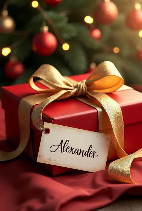 Christmas gift gold ribbon with name on card written name ALEXANDER