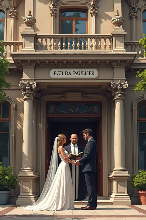  Create a building that inside says municipality of Ecilda Paullier,and a priest marrying a male and female couple  