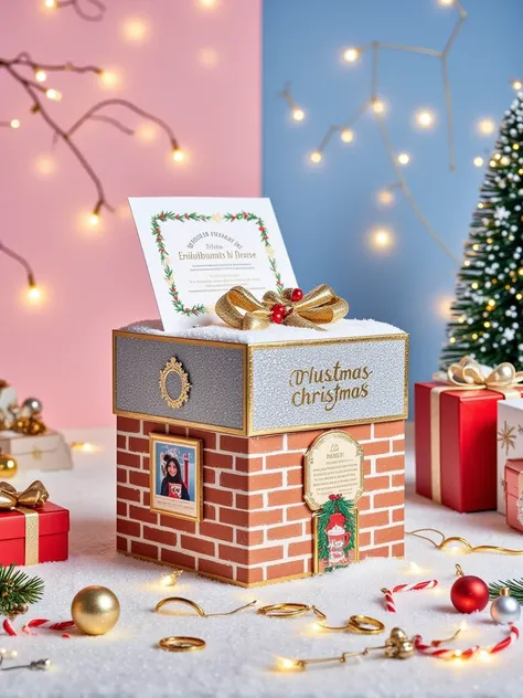 Imagine a creative and symbolic representation of real estate insurance as a gift. Picture a bright, festive background with a large ornate gift box in the center. This gift box is a bit special though - its crafted out of brick and mortar to signify a hou...