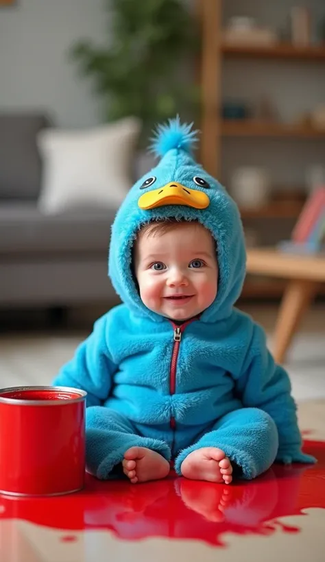 A baby wearing a blue duckling costume in the living room of the house , The costume is furry  , The baby is sitting in a pool of red paint  ,  he is cheerful and happy next to a can of spilled red paint.  REALISTIC IMAGE