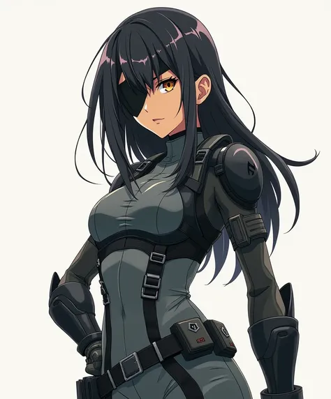 Create a female character that is designed for an action anime. The art style is anime-based. The character has tan bronze skin, neck-length black hair, and amber-colored eyes. She is wearing a gray tactical suit, a black metallic muzzle that covers her no...