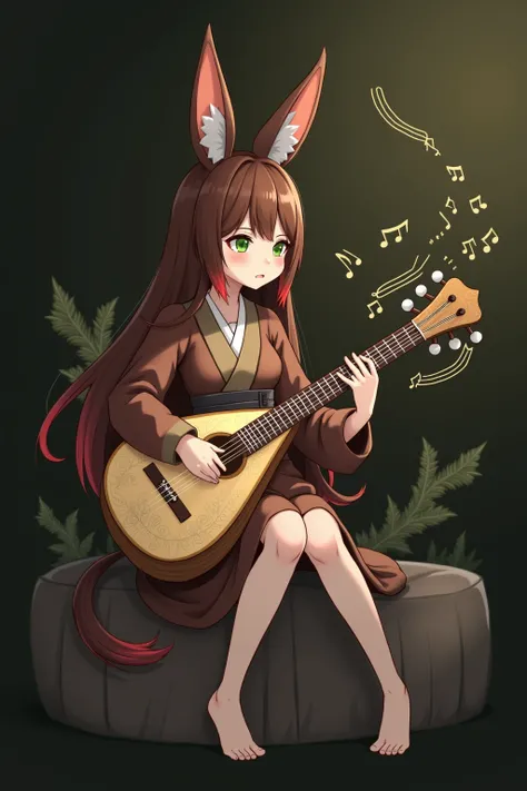 Miqote, playing a lute, sitting, green eyes, brown hair with red highlights, music notes coming from the lute.
