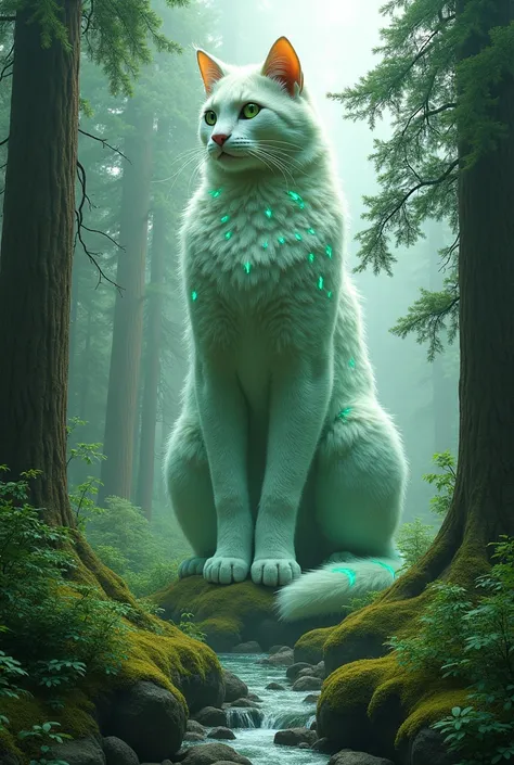  Amazing fantasy forest with tall green trees ,  including spruce and pine trees ,  surrounded by lush foliage .  A small river with clear water flowing through vivid scenery . Towering over the landscape ,  There is a monster cat a giant whose height exce...